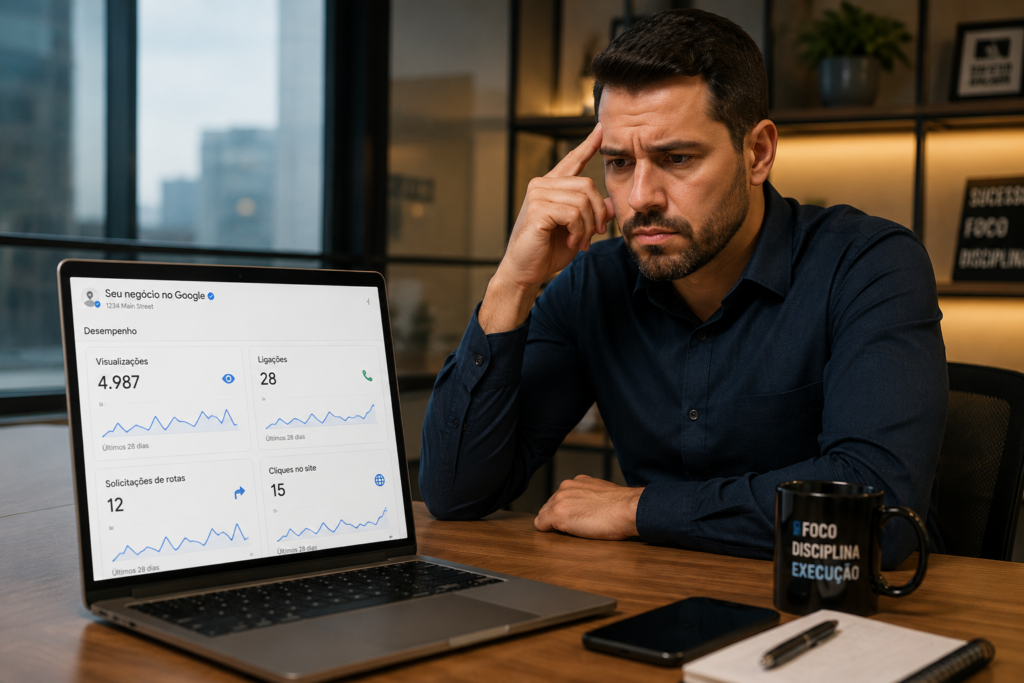 Empresário analisando Perfil da Empresa no Google sem receber clientes