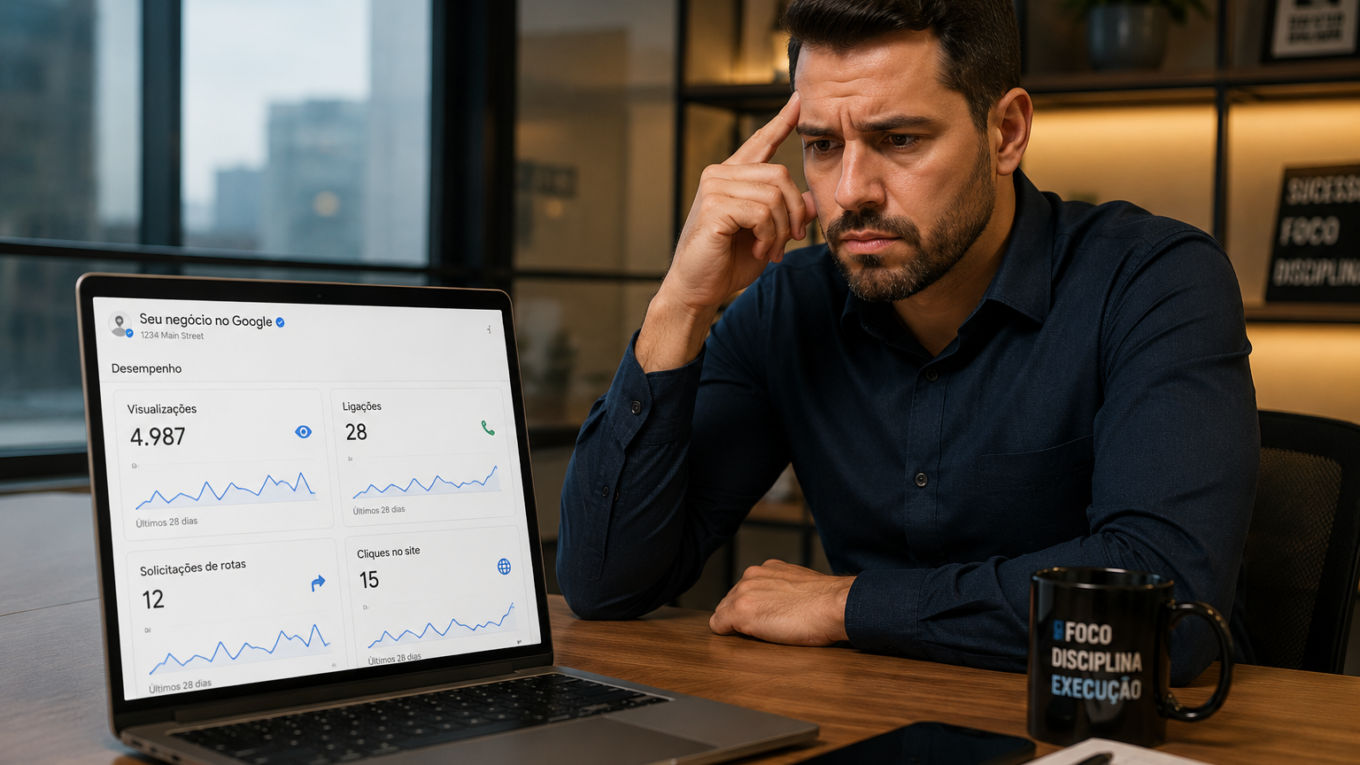 Empresário analisando Perfil da Empresa no Google sem receber clientes