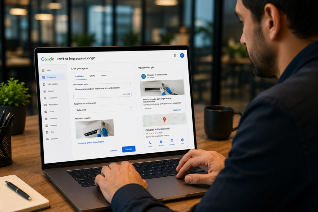 Empresário criando postagens no Perfil da Empresa Google pelo notebook
