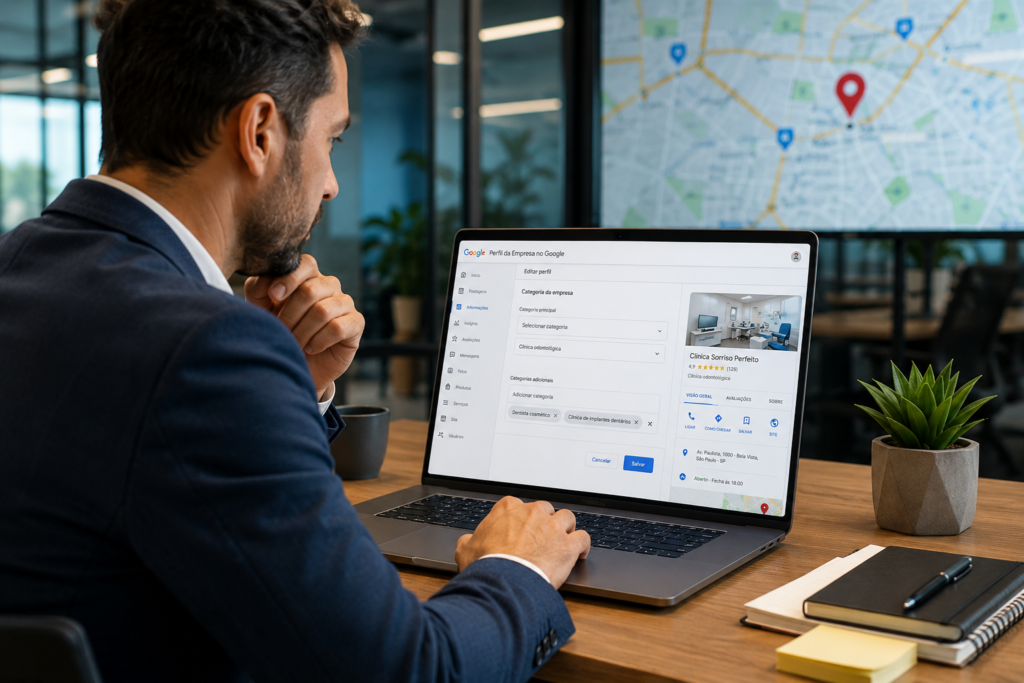 Empresário escolhendo categoria certa no Google Meu Negócio pelo notebook