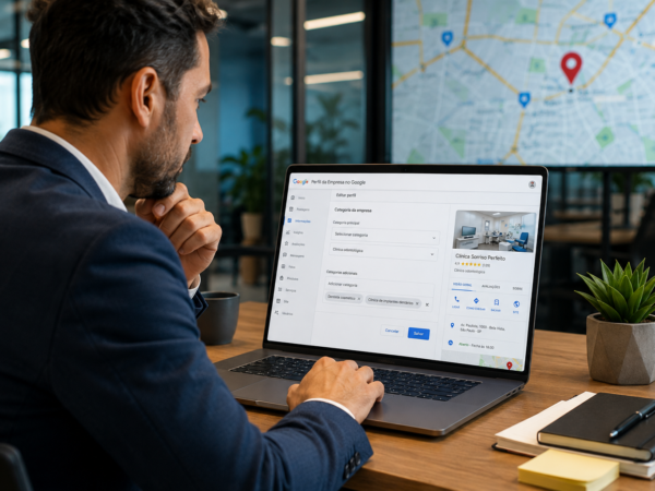 Empresário escolhendo categoria certa no Google Meu Negócio pelo notebook