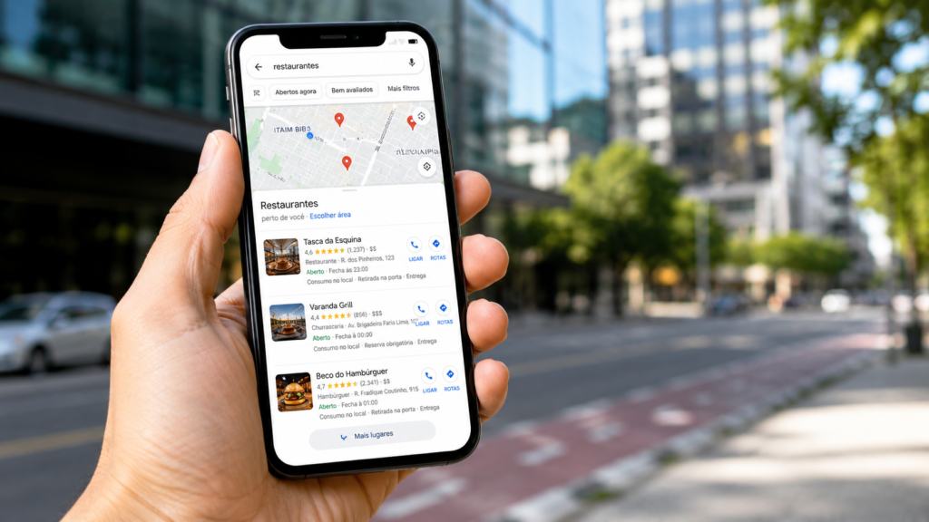 Tela de Google Maps com empresas locais organizadas por categoria