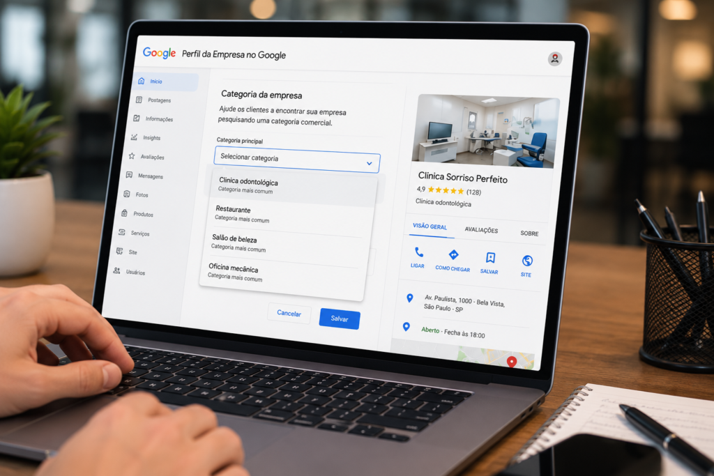 Categoria principal no Perfil da Empresa Google sendo configurada