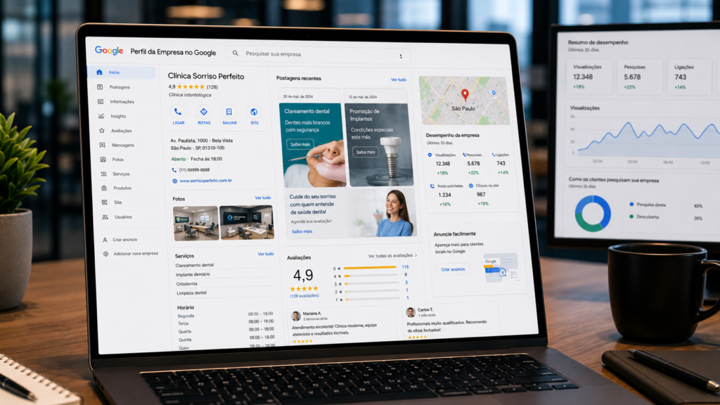 Perfil da Empresa Google ativo com postagens recentes e avaliações