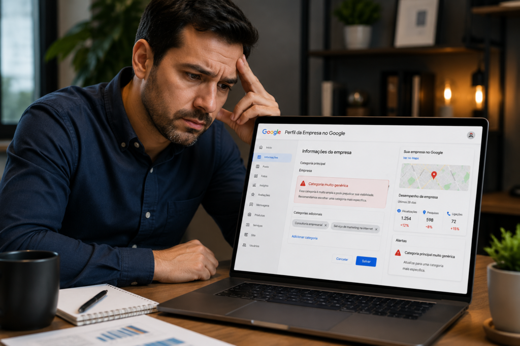Empresário analisando erro de categoria no Google Meu Negócio