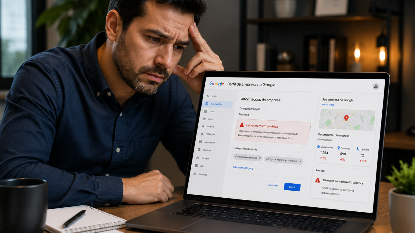Empresário analisando erro de categoria no Google Meu Negócio