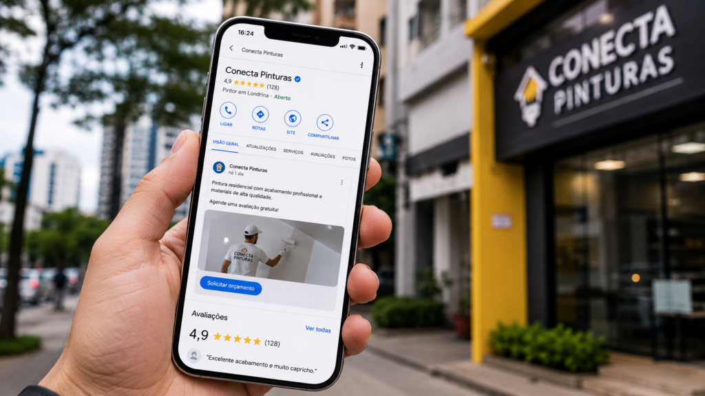 Smartphone mostrando postagem de empresa local no Google Maps