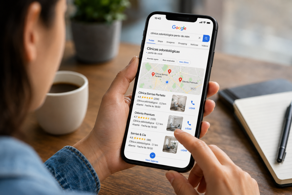 Pessoa pesquisando serviços locais no Google pelo celular

