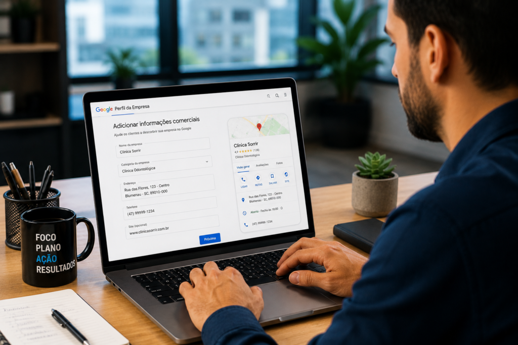 Empresário criando Perfil da Empresa no Google pelo notebook