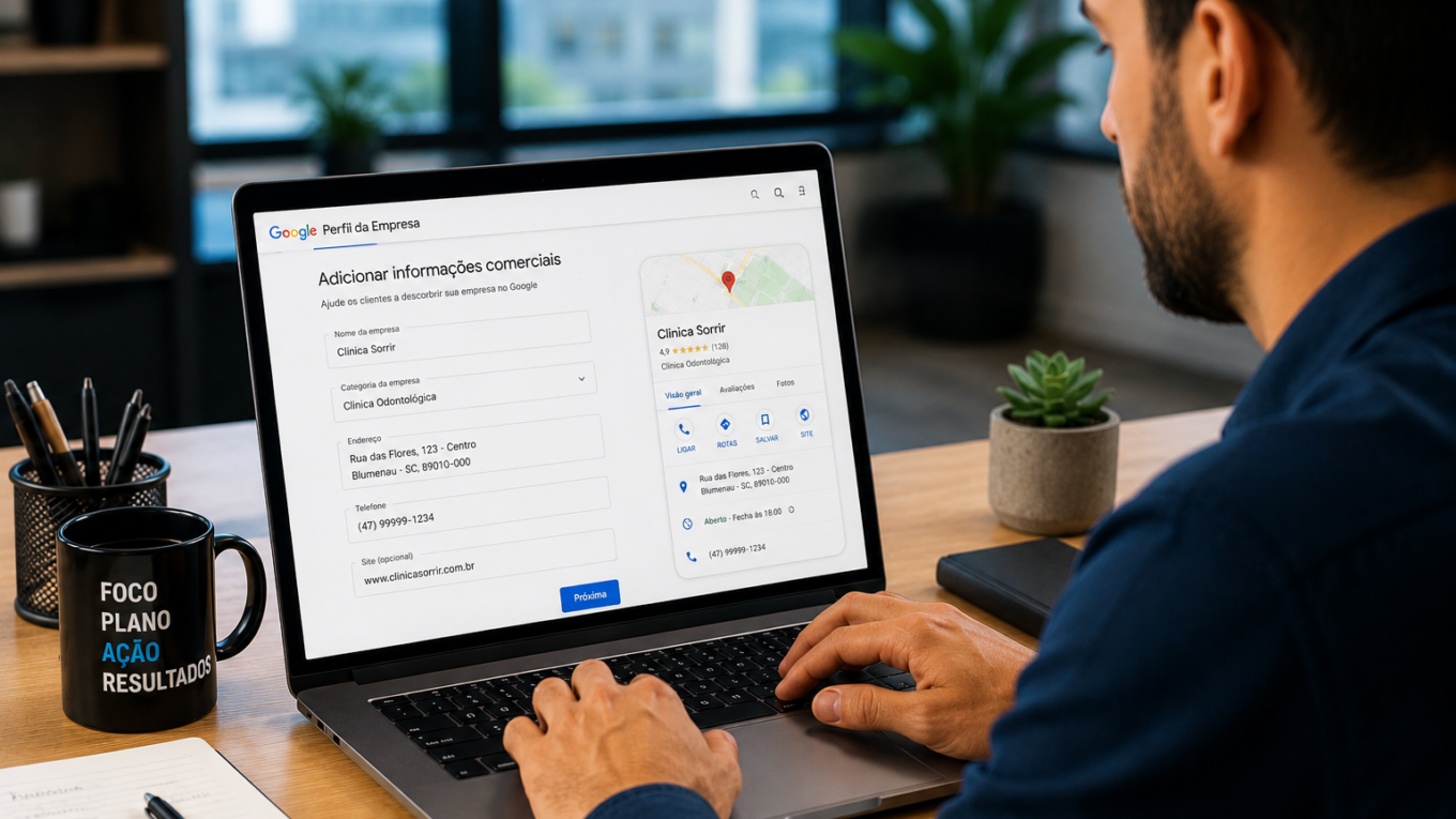 Empresário criando Perfil da Empresa no Google pelo notebook