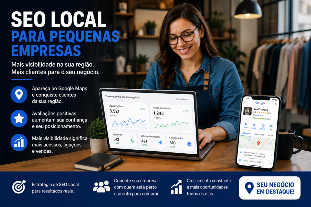 Pequena empresa analisando resultados de SEO Local