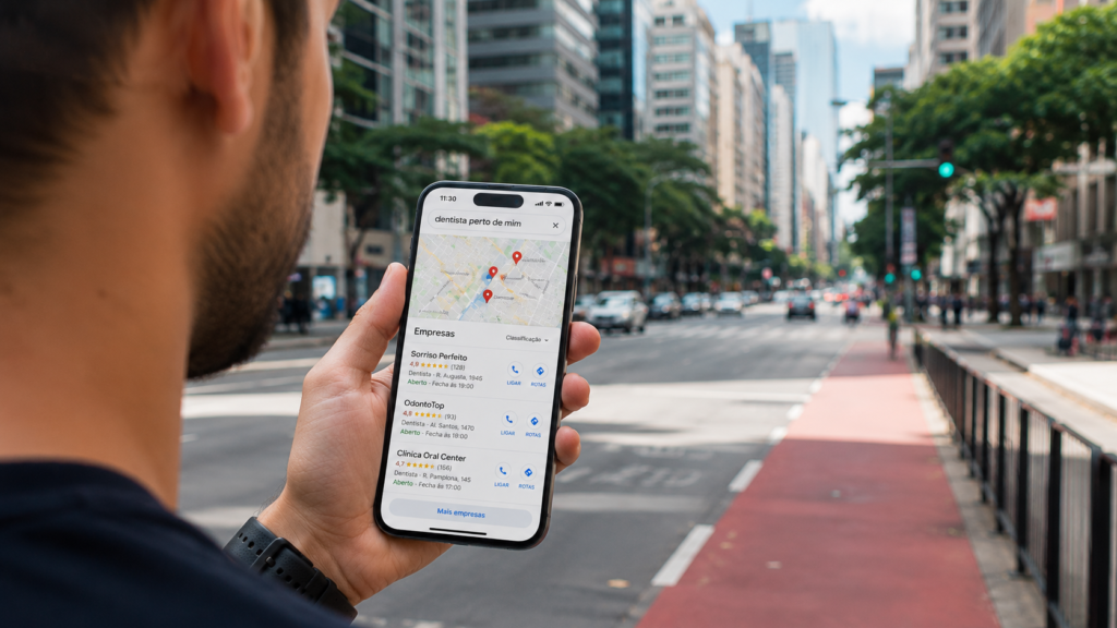 Cliente pesquisando empresa local no Google Maps pelo celular