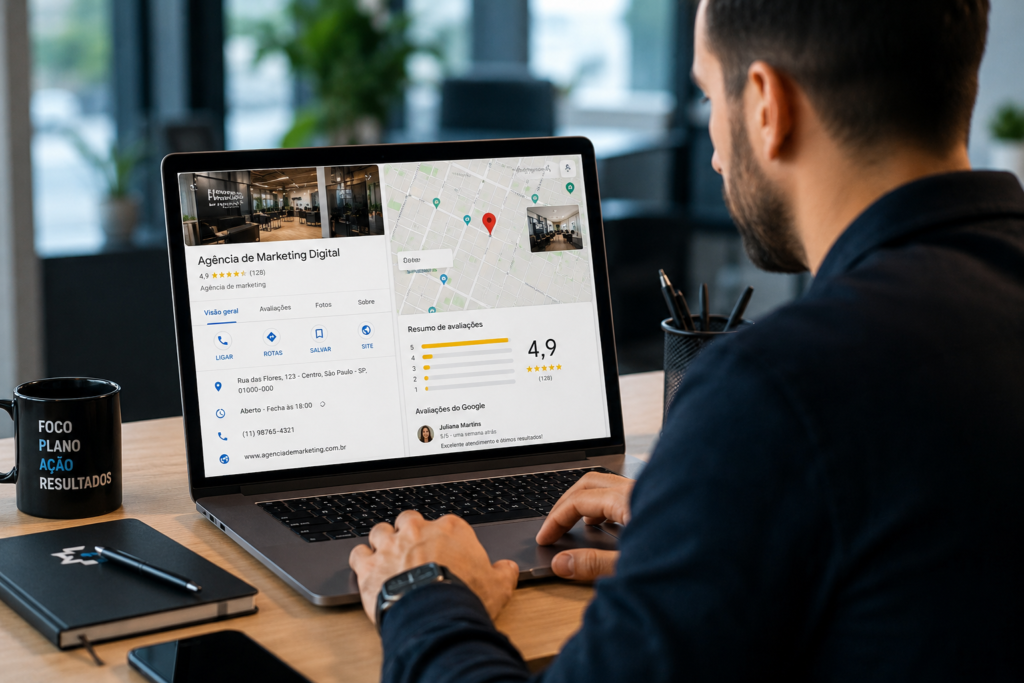 Empresário analisando Perfil da Empresa no Google para atrair clientes locais