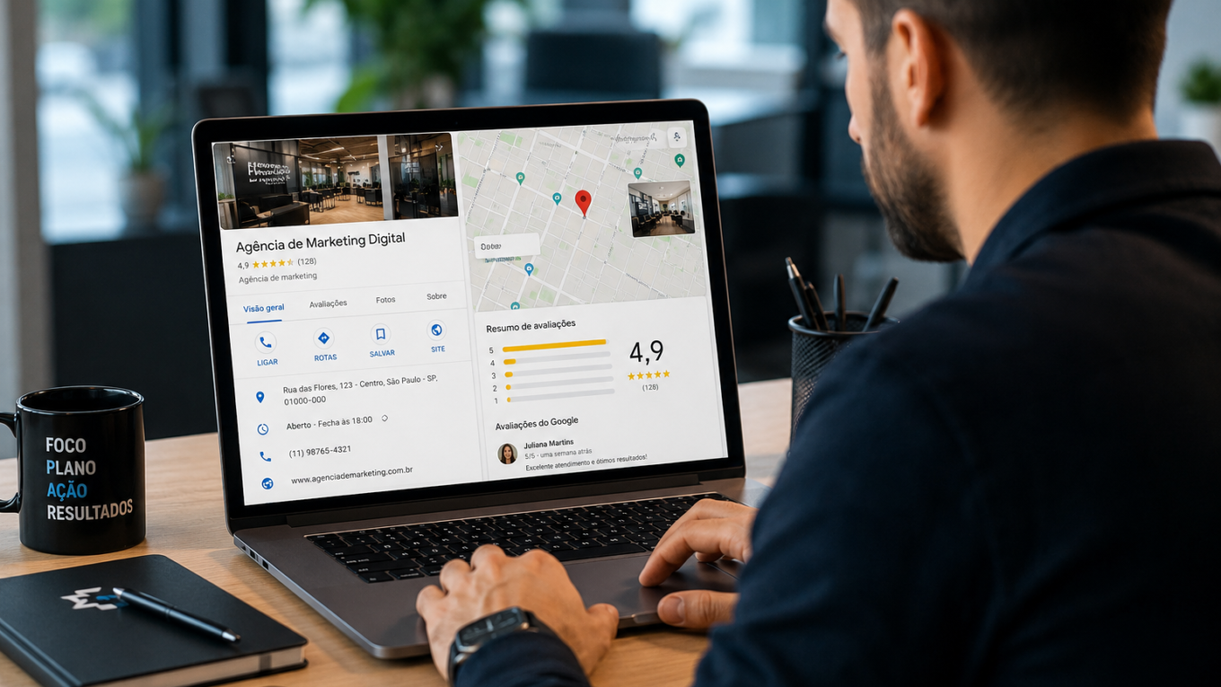 Empresário analisando Perfil da Empresa no Google para atrair clientes locais