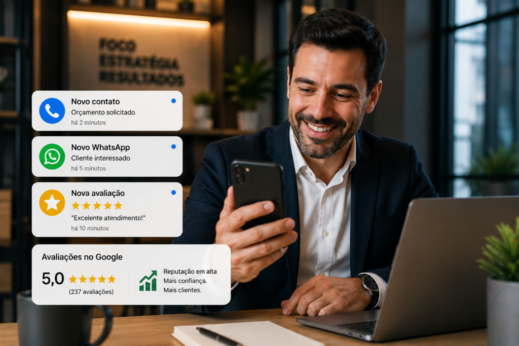 Empresário recebendo novos contatos através do Google