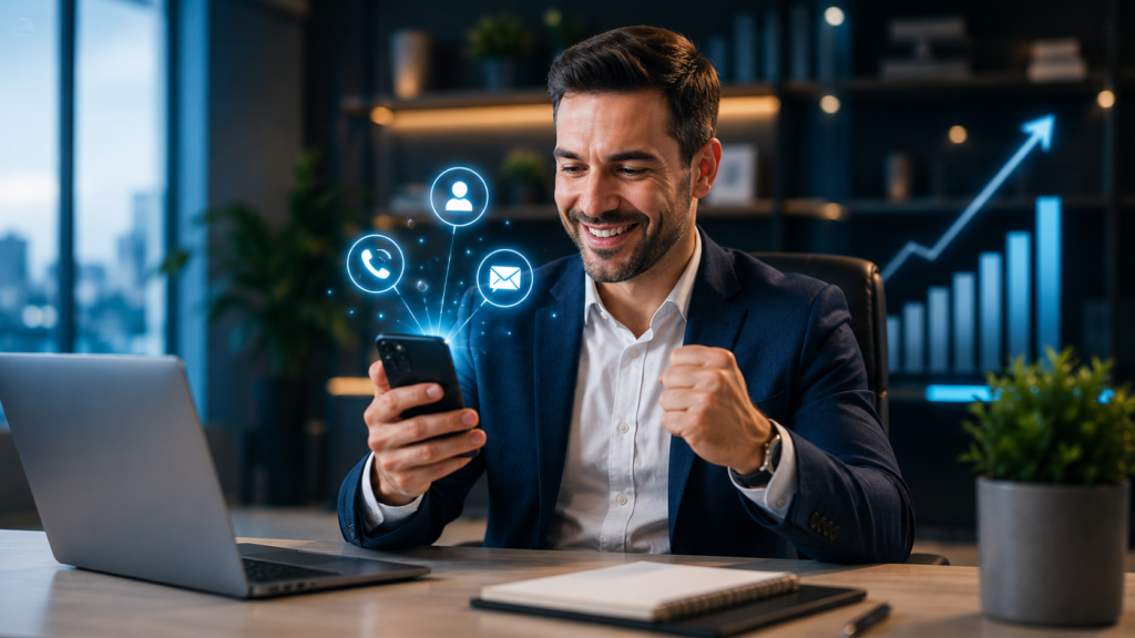 Empresário recebendo novos contatos através do Google