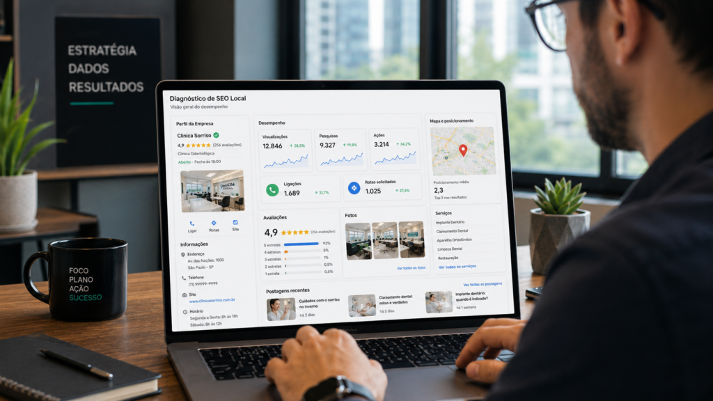 Consultor analisando SEO Local para melhorar posicionamento no Google Maps