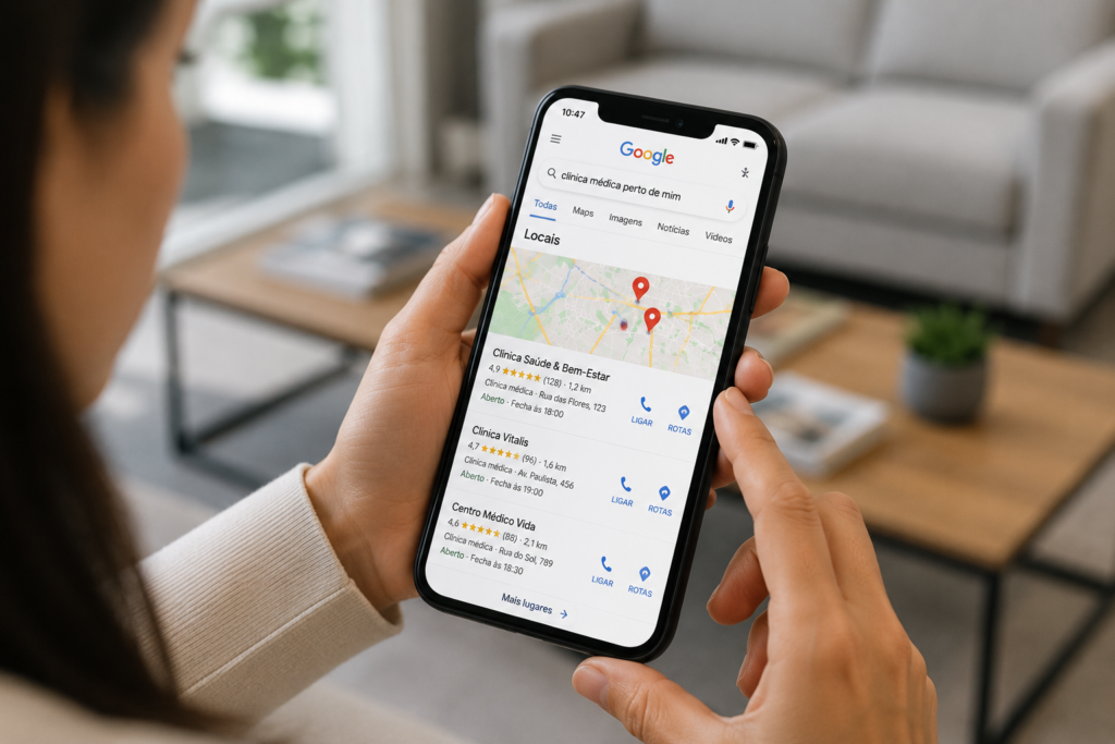 Paciente pesquisando clínica médica no Google pelo celular