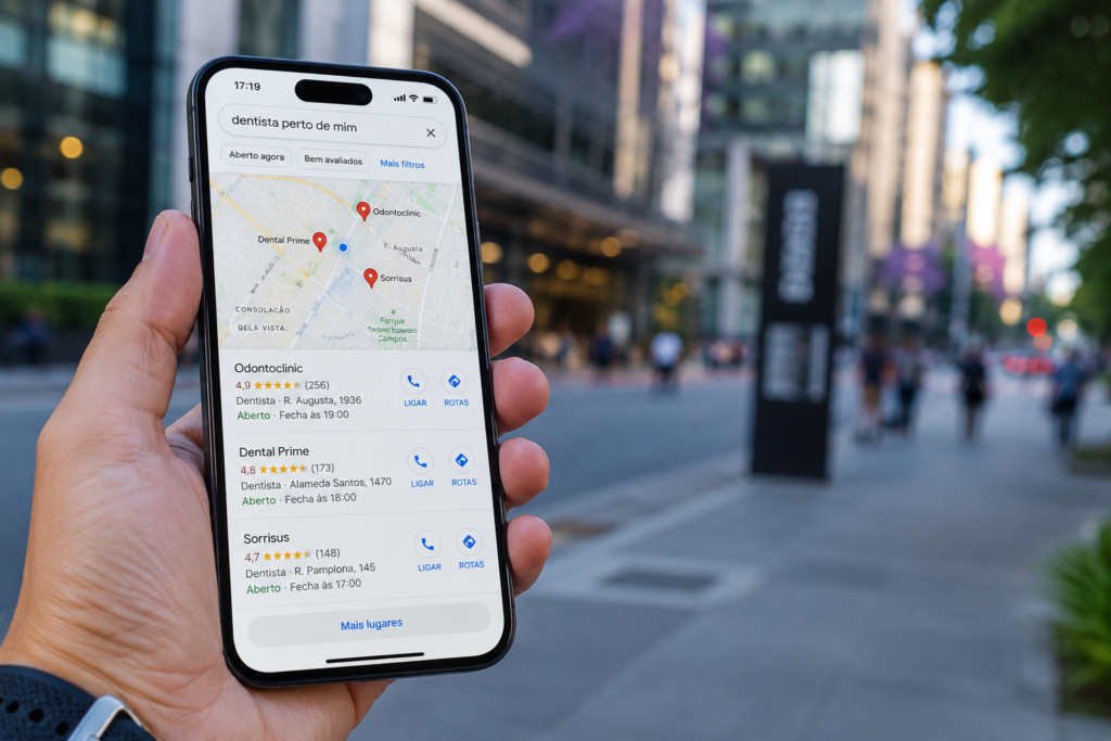 Smartphone mostrando empresa local em destaque no Google Maps