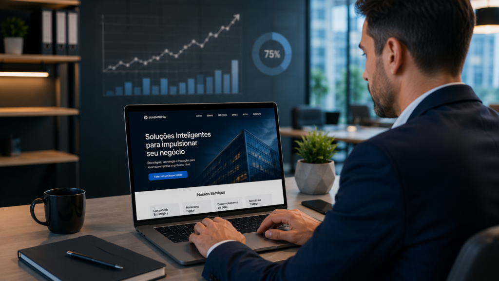 Empresário analisando site profissional e presença digital